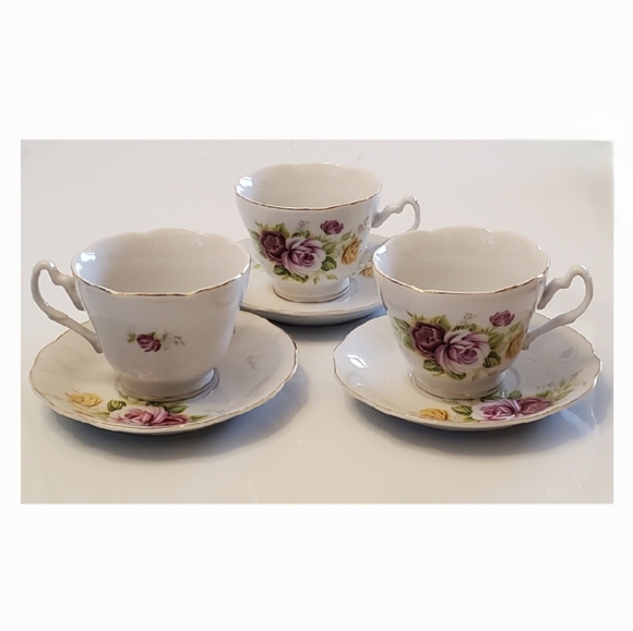 (3) Pink & Yellow Roses Porcelain Teacups & Saucers with Gold Trim - Picture 11 of 11